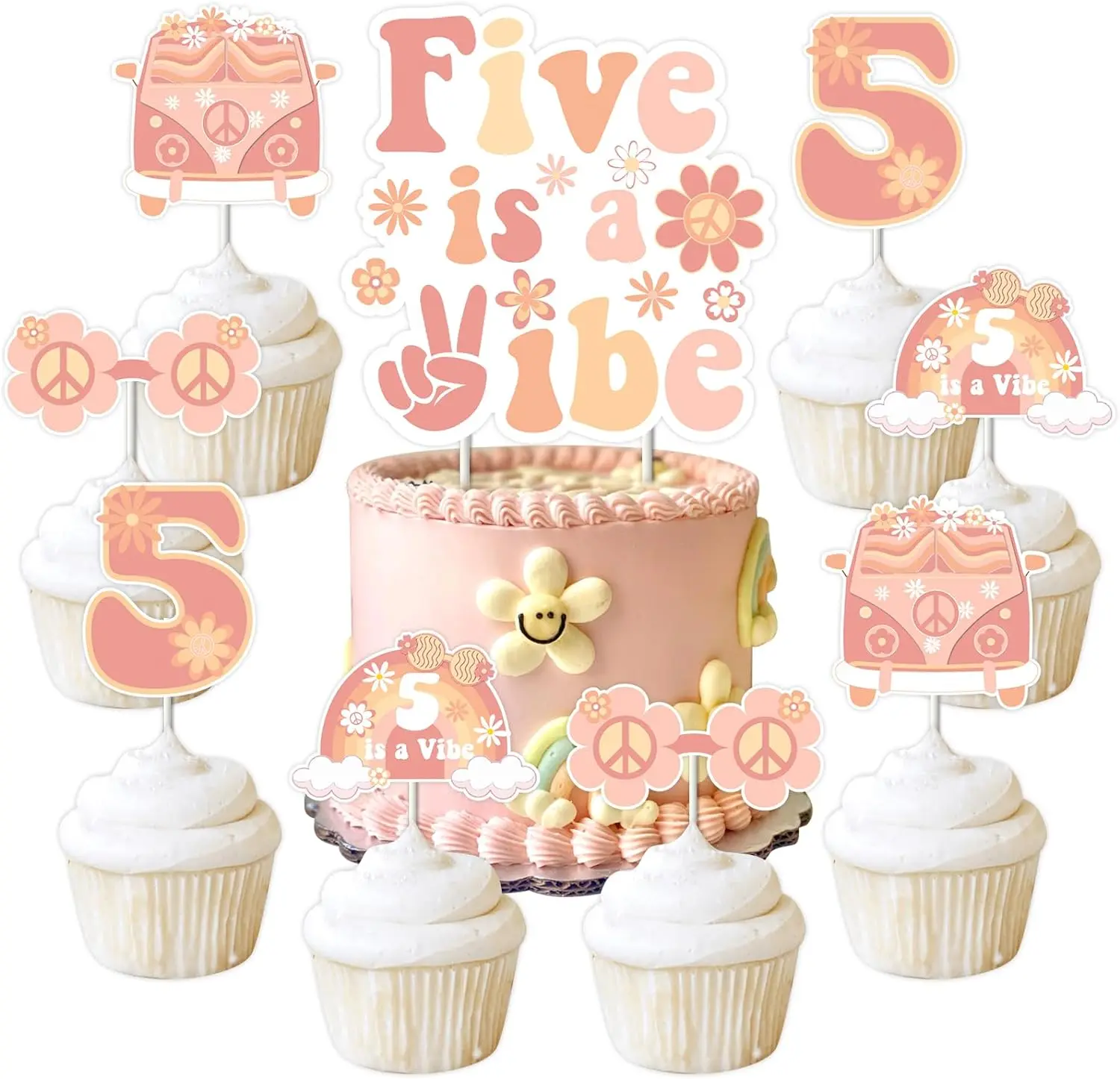 

Five is a Vibe Birthday Cupcake Toppers Party Decor Groovy 5th Birthday Party Decorations for Hippie Groovy Party Supplies