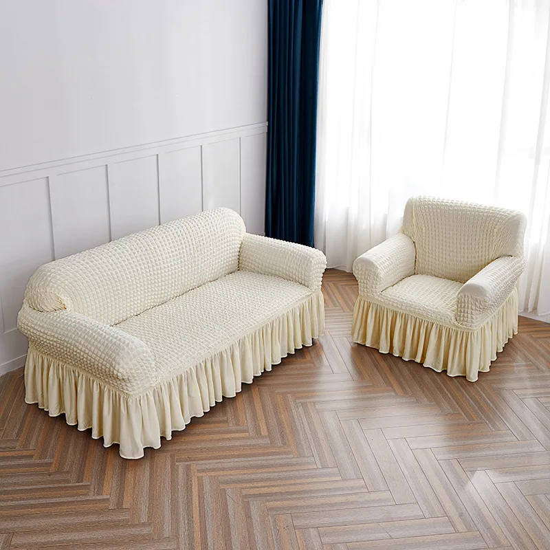 1/2/3/4 Seater Seersucker Sofa Slipcover with Skirt Universal Stretch Sofa Couch Slipcover Easy Fitted Chair Furniture Protector