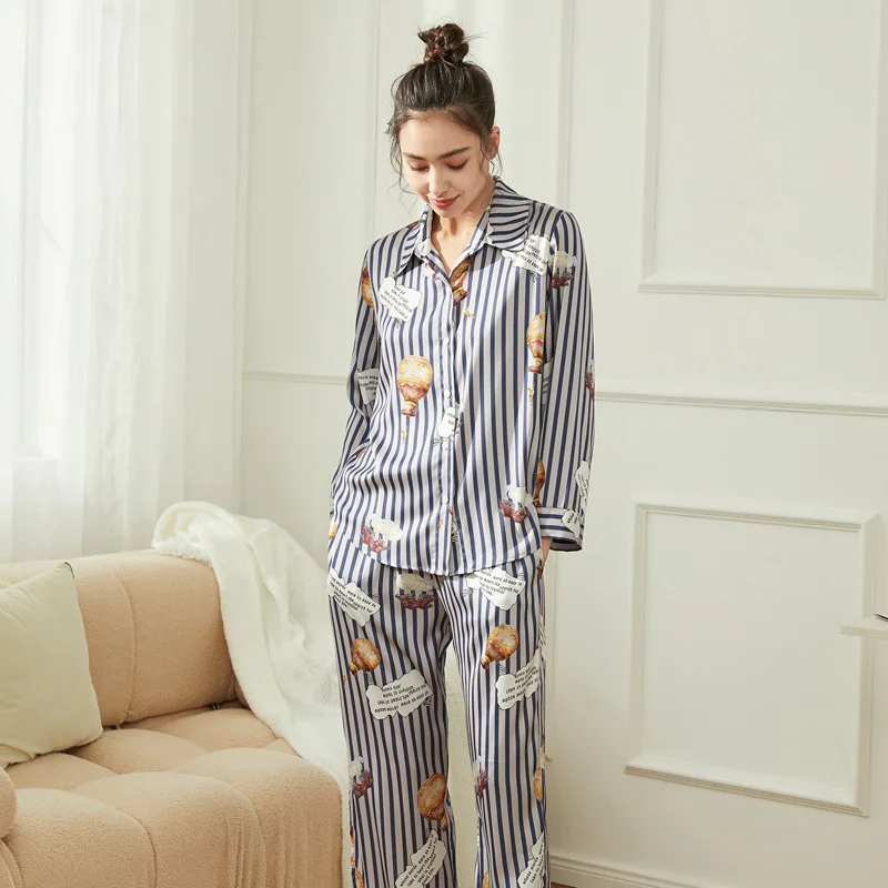 Ling 2 Pcs Sleep Lounge Striped Print Women's Pajamas Set Pajamas Long Sleeve Sleepwear Spring Summer Nightwear Pyjama for Women