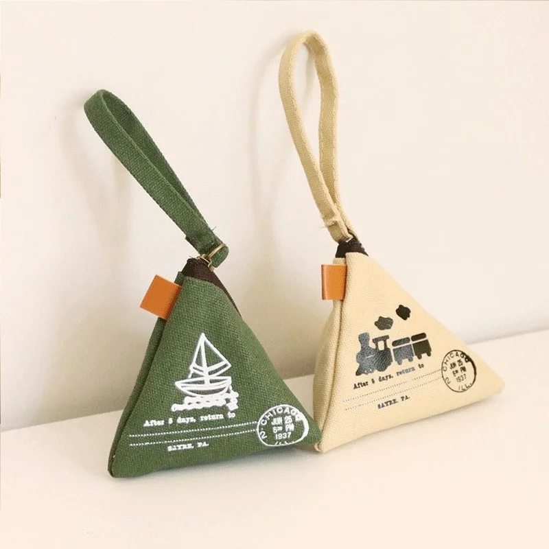 Women's Creative Retro Dumpling Coin Purse Fashion Canvas Cute Coin Purse Key Bags Tower Print Triangle Portable Mini Bag