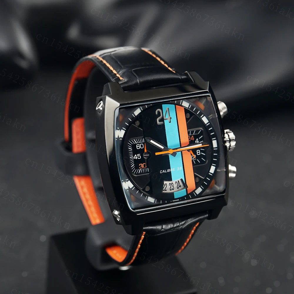 2022Fashion New Men's Color Bar Square Dial Sapphire Mirror Stainless Steel Leather Strap Sports Leisure Waterproof Quartz Watch