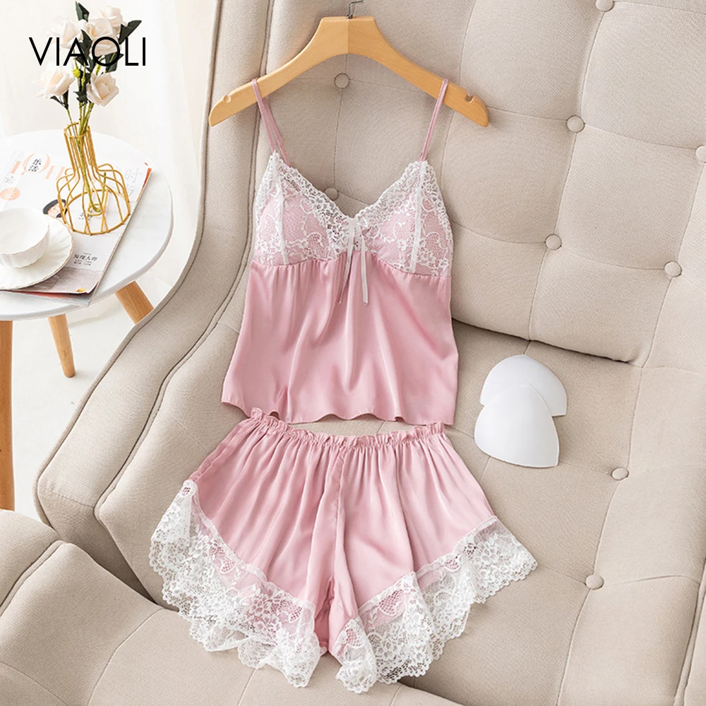 

Women Pajama Suit Fashion V-Neck Lace Satin Babydoll Sexy Backless Sling Lingerie Set Pyjamas Sleepwear Shorts Set Sleepwear New