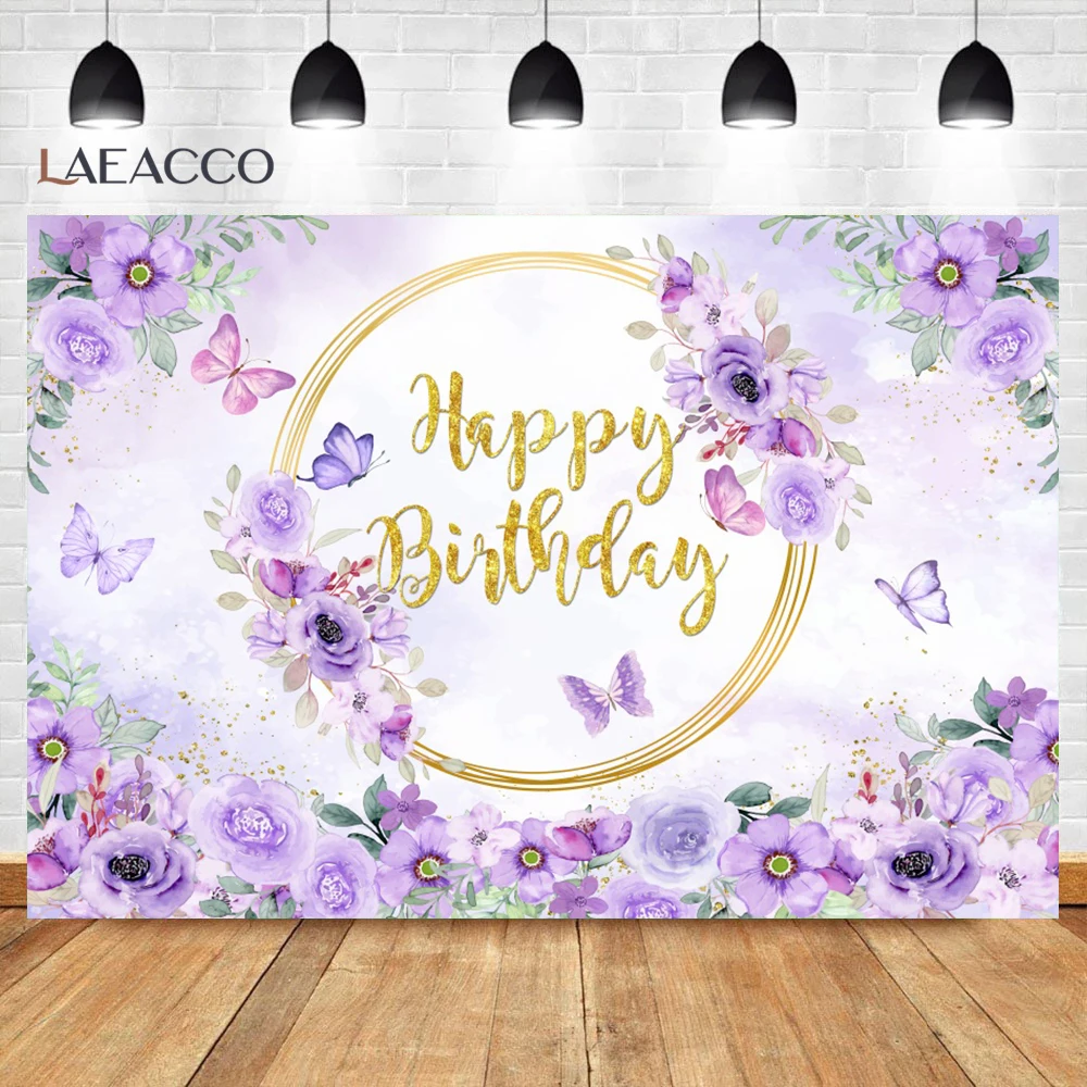 

Laeacco Happy Birthday Party Background Glitter Gold Text Purple Flower Butterfly Baby Baptism Background Girl DIY Photo Props