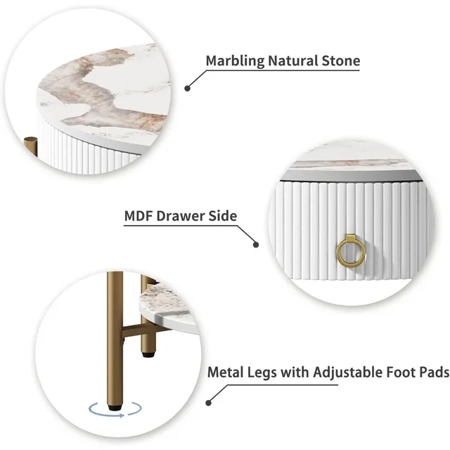 Modern End Table with Storage Drawer, Round 2-Tier Nightstand with Shelf 3