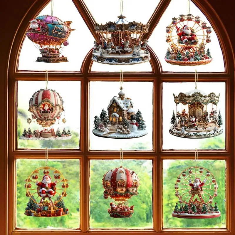12PCS/Set Christmas Hot Air Balloon Ornaments 2D Flat Wooden Santa Claus Hanging Pendant Christmas New Year Decor Navidad
