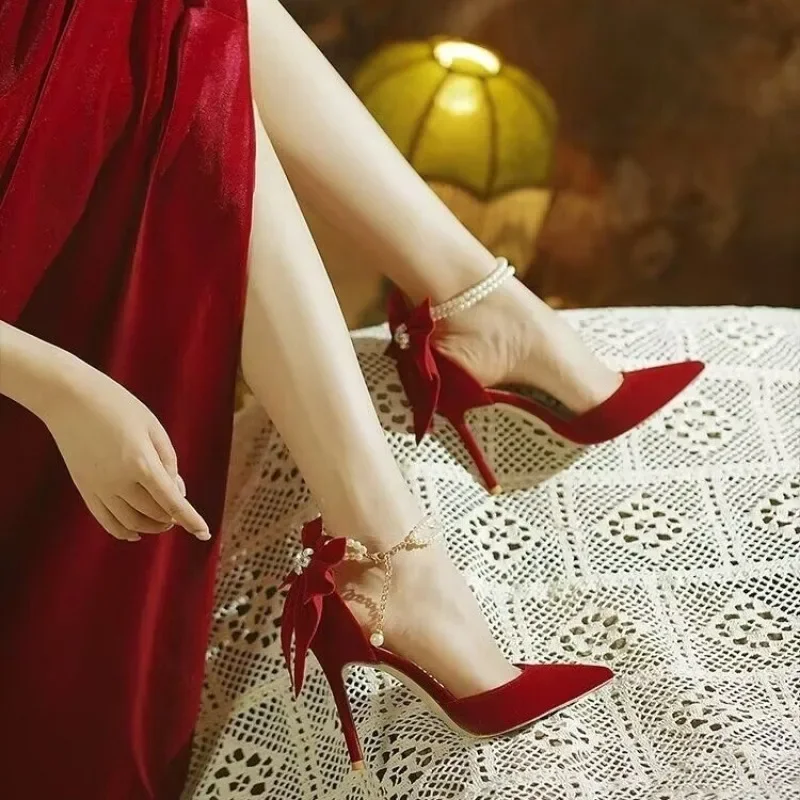 Red Xiuhe Wedding Shoes New Pointy Stiletto High Heels Female Shallow Mouth Bow Pearl One Word Buckle Strap Two Wear Bride Shoes 2