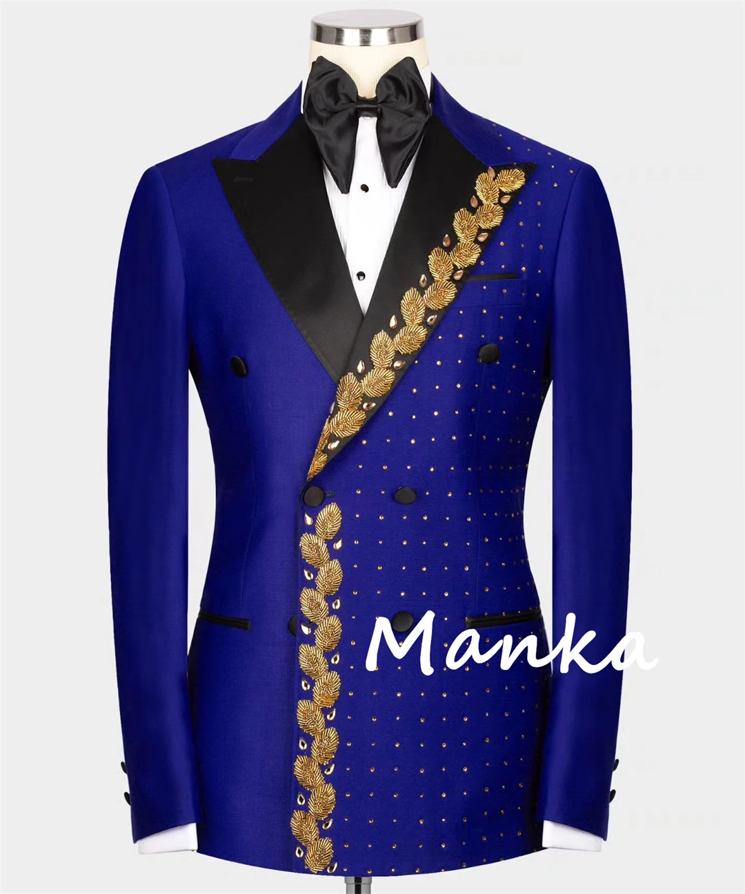 Gold Crystal Beaded Appliques Royal Blue Groom Tuxedo for Wedding Double Breasted 2pcs Luxury Formal Prom Party Men's Suits