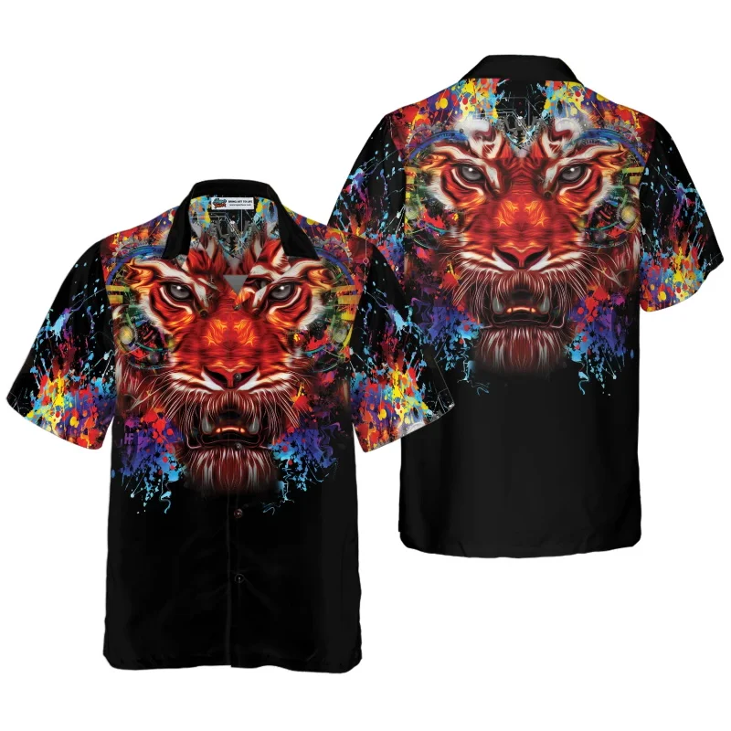 Camicia retrò da Uomo Camicie a Maniche Lunghe con Stampa di tigri Animali Camicetta con Risvolto con Bottoni Slim Fit Top da Spiaggia Hawaiano
