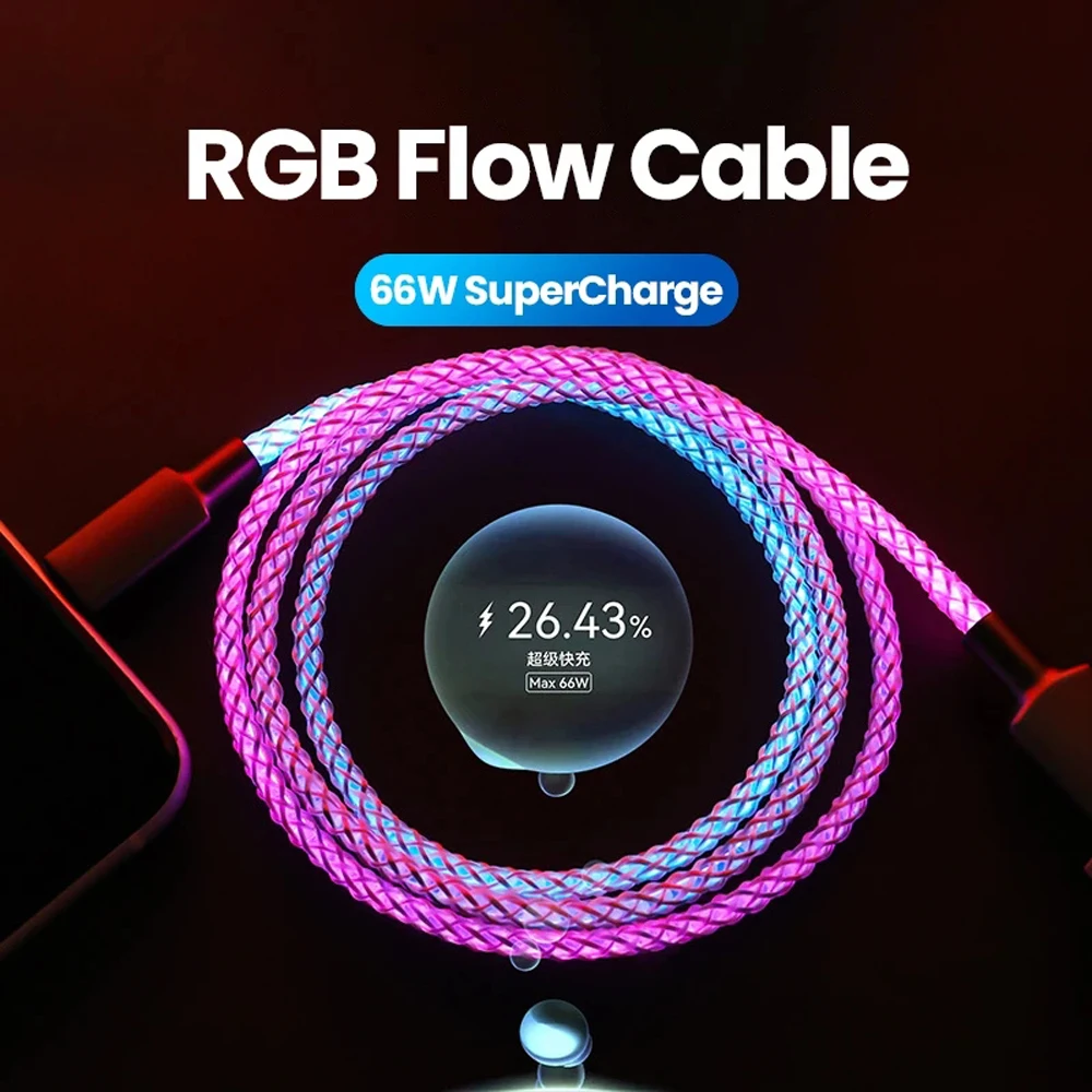 6A 66W USB 타입 C 고속 충전 케이블 RGB 브리딩 발광 그라데이션 라이트 데이터 케이블 (아이폰 17, 화웨이, 삼성 USB-C 케이블 호환)