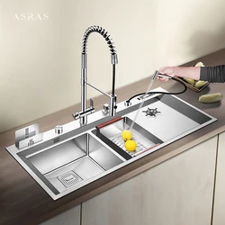 ASRAS 120*50CM Large Double Kitchen Sink Cup Rinser 4mm Thickness 220mm Depth With Drain Plate Knife Holder Handmade
