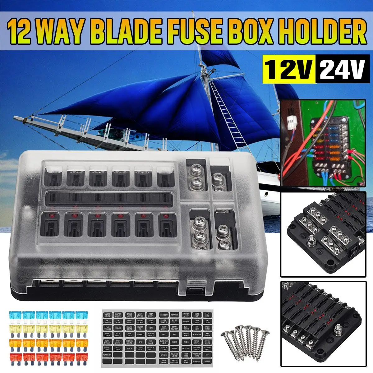 

Car Boat Fuse Box Holder With 12 Way Blade Fuse Holder Block & Warning Indicator 12V~24V Power Distribution Panel Board