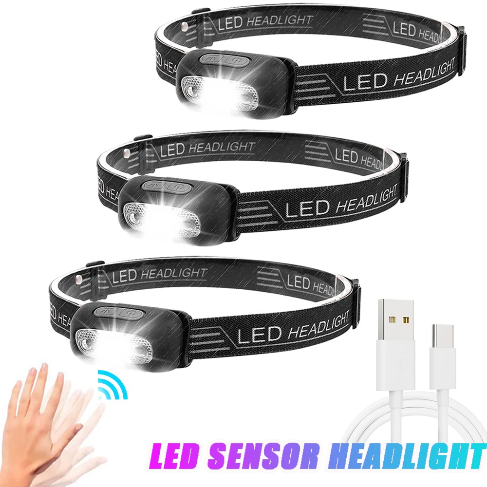 미니 LED 센서 헤드 램프 바디 모션 센서 헤드 라이트, 내장 배터리, USB 충전식, 야외 방수 캠핑 토치 라이트
