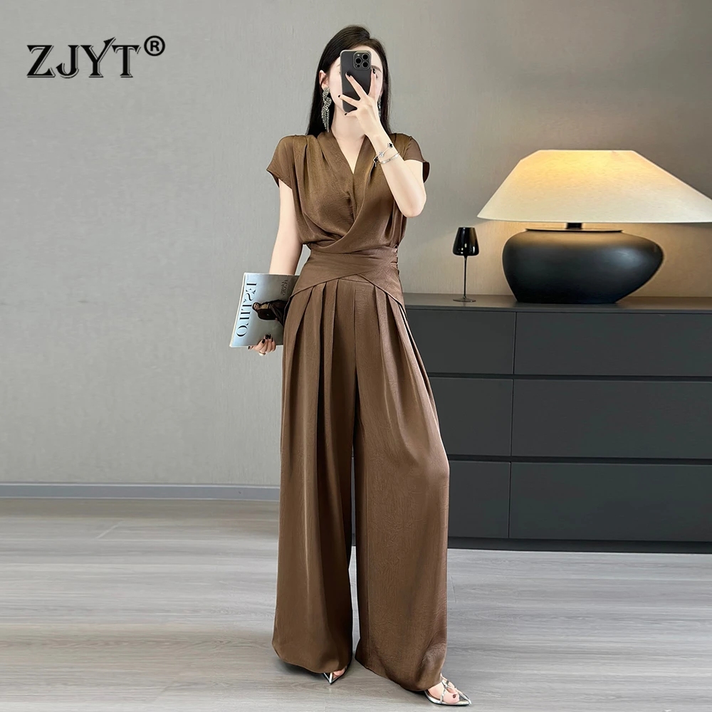 ZJYT Summer Lace Up Top and Wide Leg Pants 2 Piece Matching Sets Office Lady Work Wear Elegant Chic Trousers Suit Clothes Khaki 1