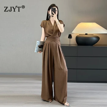 ZJYT Summer Lace Up Top and Wide Leg Pants 2 Piece Matching Sets Office Lady Work Wear Elegant Chic Trousers Suit Clothes Khaki 1