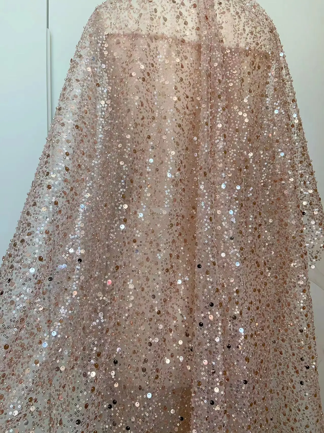 

1 Yard Rose Gold Sequins Beads Tulle Lace Fabric for Haute Couture,Wedding Dress,Skirt Supplies,Clothing Crafts