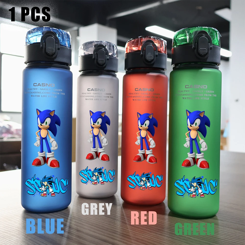 thumbnail image 1 of Vaso de agua portátil para deportes de viaje, para acampar al aire libre, resistente a fugas, de plástico, de Sonic the Hedgehog, rojo, verde, azul y negro, 560 ml, 1 of 5