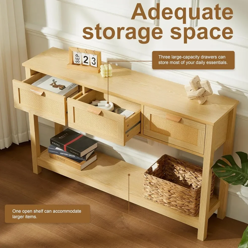 Rattan Console Table, Boho Entryway Table with Storage, Narrow Long Sofa Table with Open Shelf 6