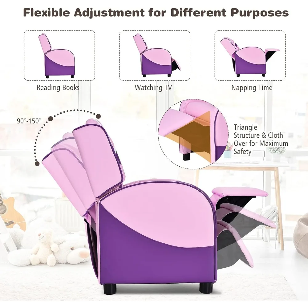 Kids Recliner, Gaming Recliner Chair w/Footrest, Headrest, Lumbar Support & Side Pockets, Ergonomic Leather Lounge Chair 6