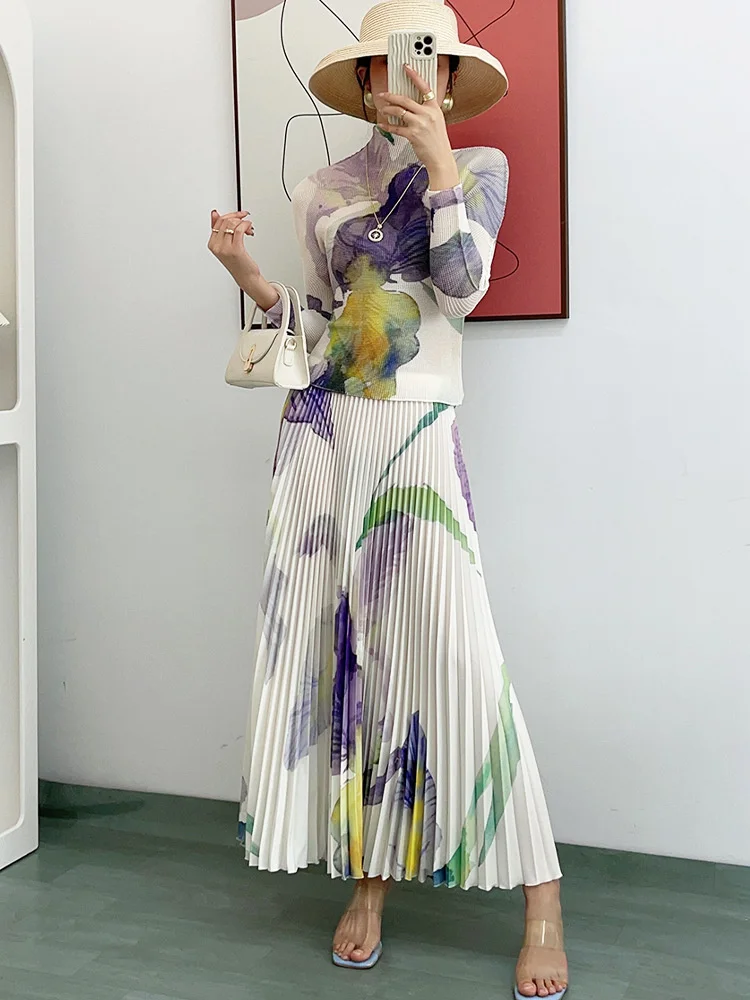 

Женский дизайнерский плиссированный костюм миаке, комплект из 2 предметов, топ с высоким воротником и длинными рукавами и юбка с высокой талией, 2023