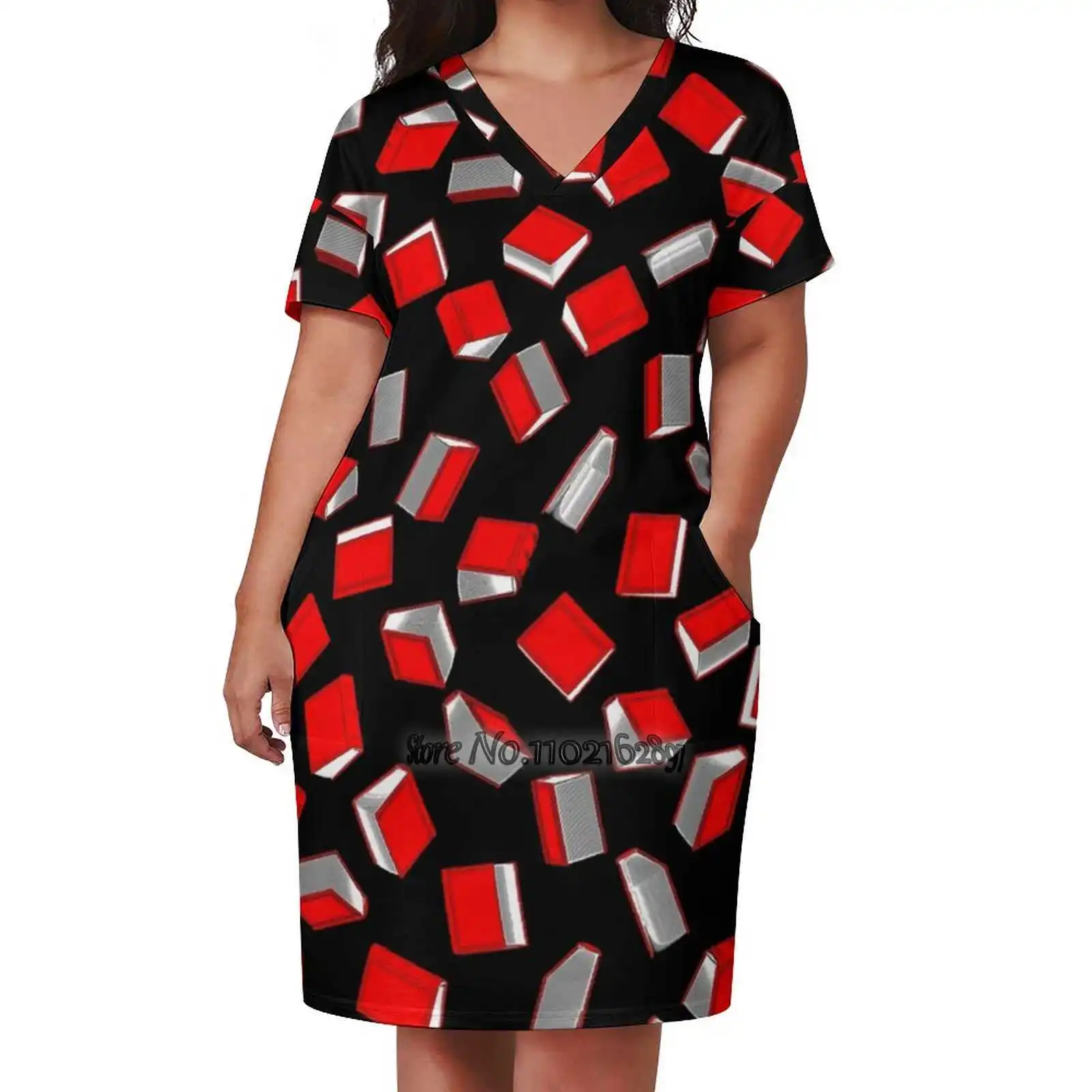 

Polka Dot Books Pattern Loose V-Neck Skirt Sexy Short Sleeve Skirt Loose A-Line Dress Light And Breathable Dress Book Books