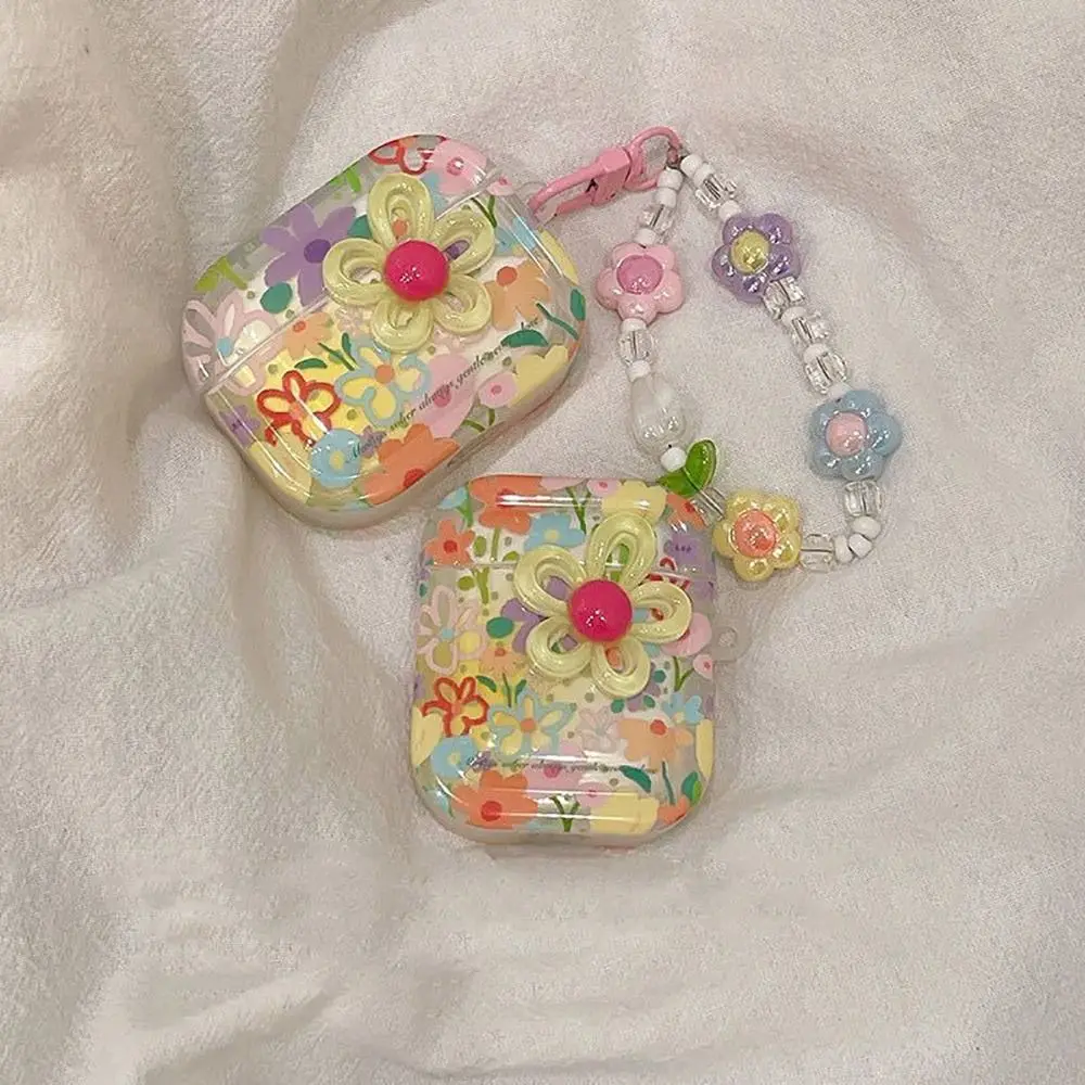 TPU Floral Anti-Fall Earphone Case with Beaded Keychain - Shockproof & Washable