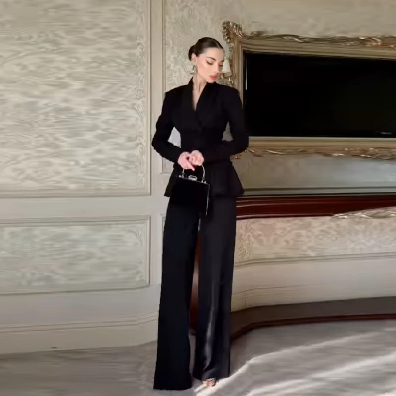 Womens Beaded Double Breasted Jacket Set With Peplum And High Waisted Wide Leg Pants Casual Suit