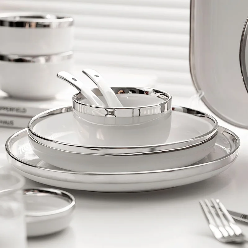 Bright White Ceramic Plates With Silver Rim Steak Serving Plate Bowls Ins Dinner Dish Porcelain Dinnerware Set For Family Hotel