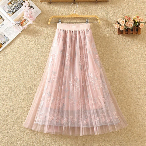 Skirts Woman Skirts 2021 Shopping  style Fashion Elastic Waist Embroidery Floral Mesh Skirt Long Gauze Ball Gown Beige Girl Student white pleated skirt