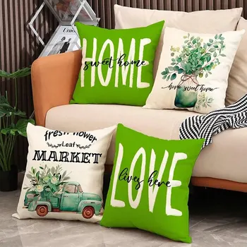 1pcsSet Spring Themed Car Vase & Flower & Letter & Green Leaves Decor Pillowcase For Sofa Cushion And Pillow Home Decoration 2