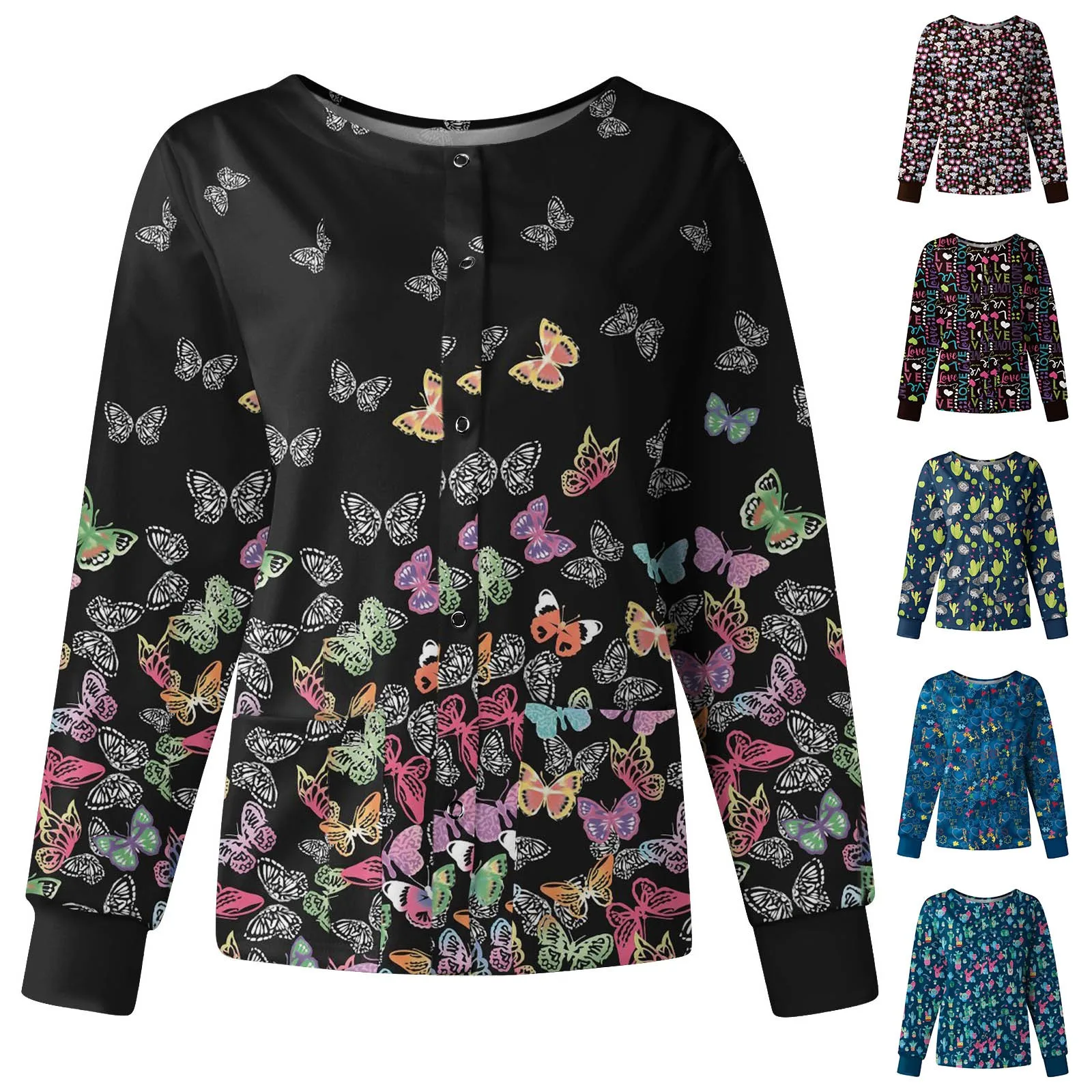Nurse Working Uniform Single-breasted Protective Overalls Jacket Women Christmas Pattern Long Sleeve Tops Nurse Uniform Suits Work Uniform Sets