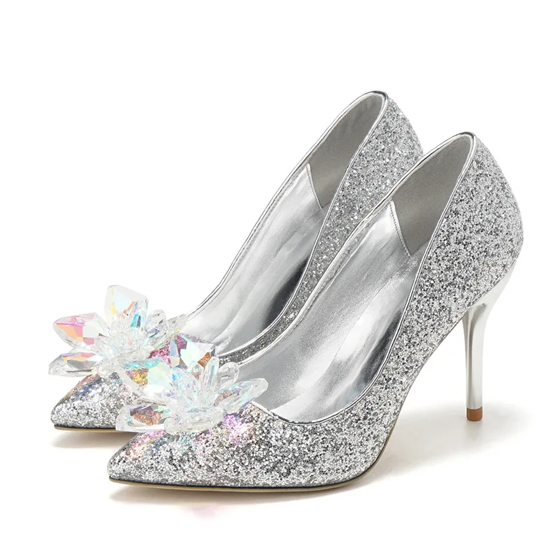 

Wedding Shoes New Rhinestone Flower Pointed Toe Women Silver Stiletto High Heels Sequin Cloth Wedding Dress Pumps Party Shoe