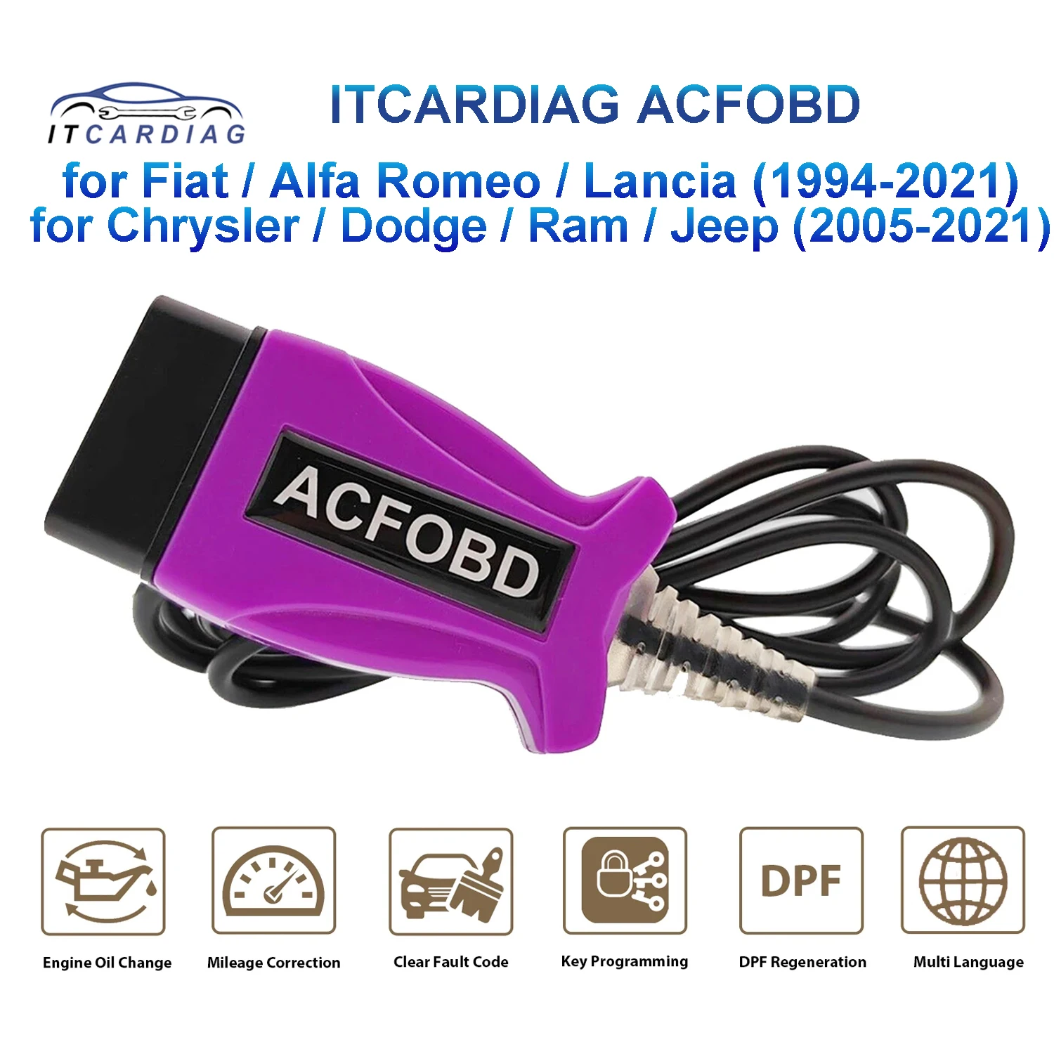 ITCARDIAG ACFOBD OBD2 Scanner Cable for Fiat/Alfa  Romeo/Lancia/Chrysler/Dodge/Ram/Jeep Support Mileaga Correction and ABS  Airbag - AliExpress
