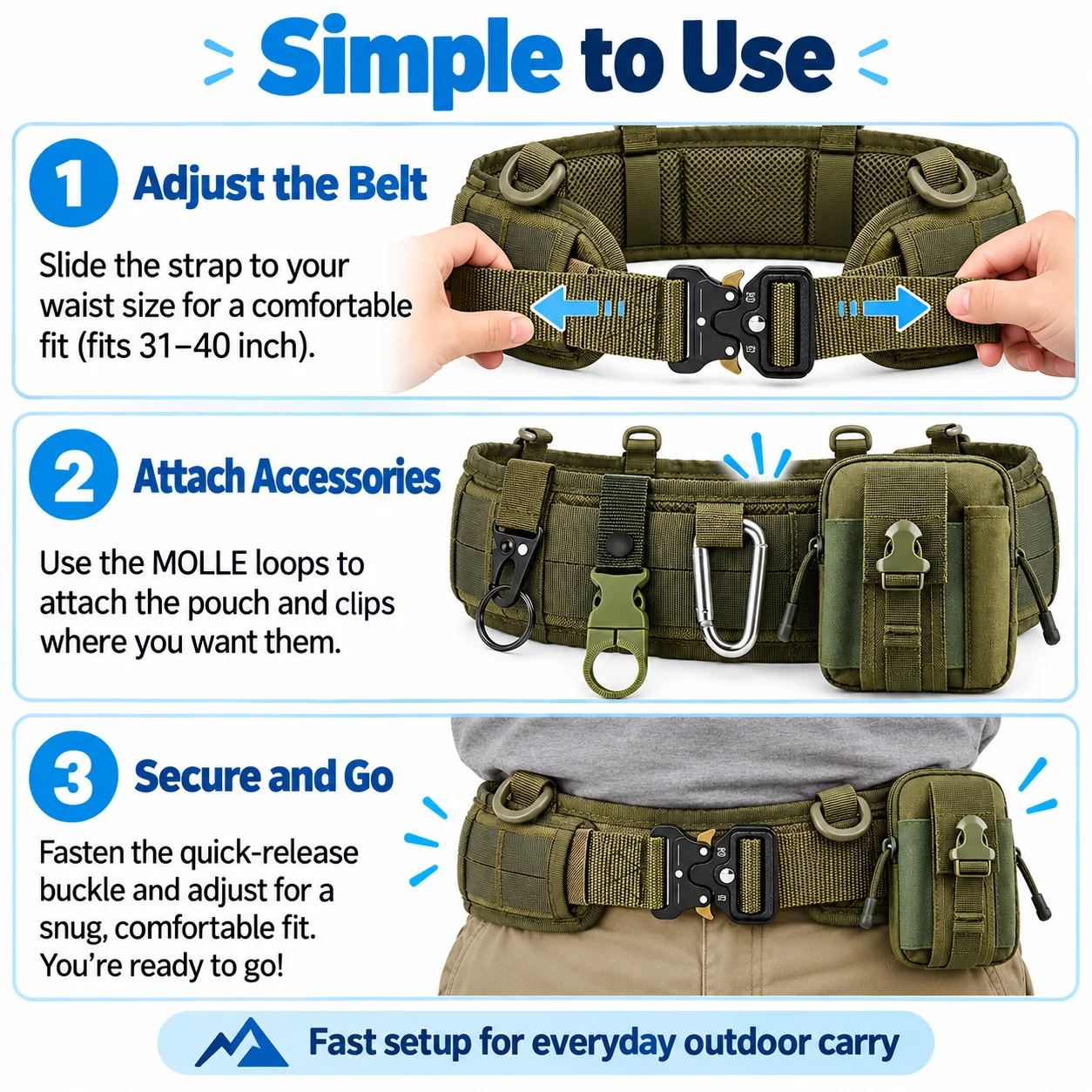 Tactical Waist Belt with Detachable Pouch and Quick Release Buckle