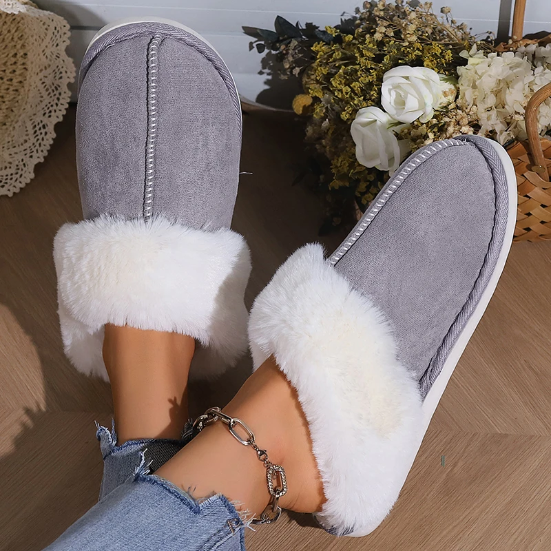 Autumn Winter Fluffly Furry Slippers Women Faux Suede Non Slip Indoor Cotton Slippers Woman Soft Warm Plush Slides Shoes Female