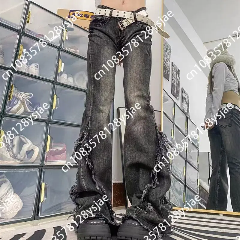 

Американские винтажные дизайнерские расклешенные джинсы Vibe с необработанными краями, женские свободные узкие джинсы Y2k с низкой талией и широкими штанинами