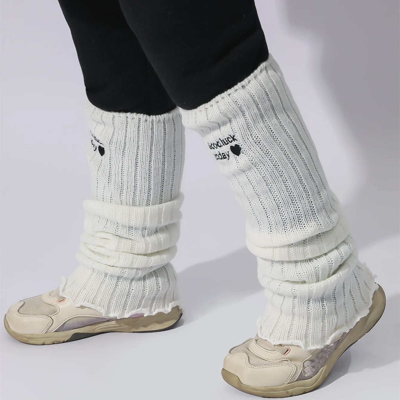 1 Pair Girl's Letter Embroidery Ruffled Knit Leg Warmers, Heart Pattern Trendy Comfy & Breathable Knee-High Boots Socks