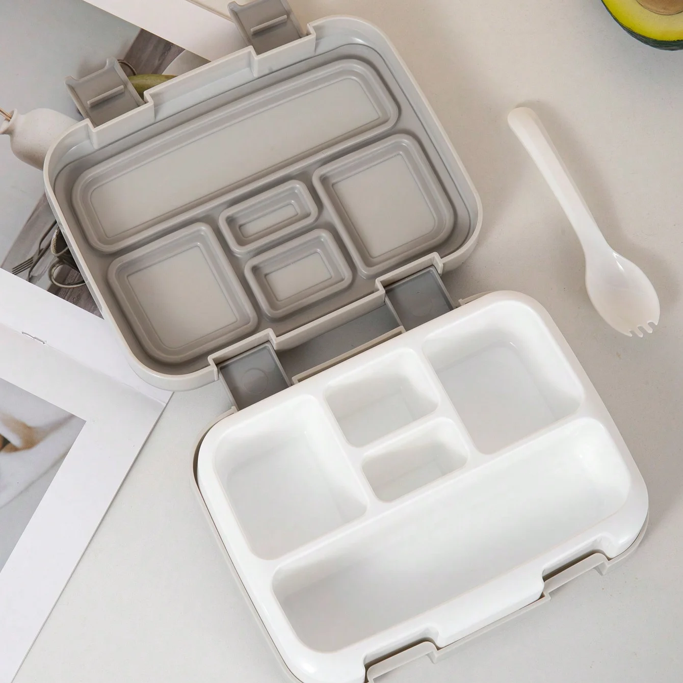 1pc-5 Compartments Plastic Bento Box, Divided Portable Lunch Box, Suitable For Outdoor Camping Hiking Travel