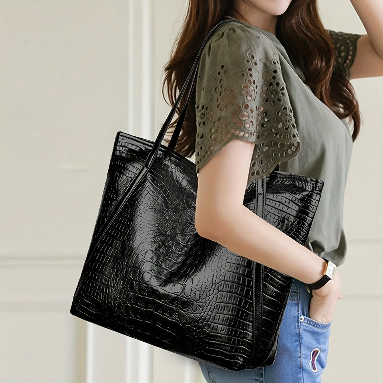 Stylish Women's Tote Bag, Retro Crocodile Pattern Handbag Shoulder Bag, Suitable for Shopping, Dating, Outings, Work Commuting