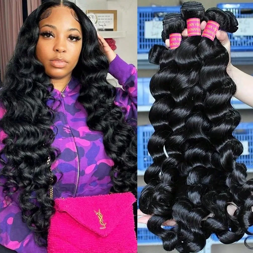 26 28 30 Inch Loose Deep Wave Human Hair Bundles Curly Hair Brazilian Weaving 1/3/4 Natural Color Braiding Unprocessed Bundle 2