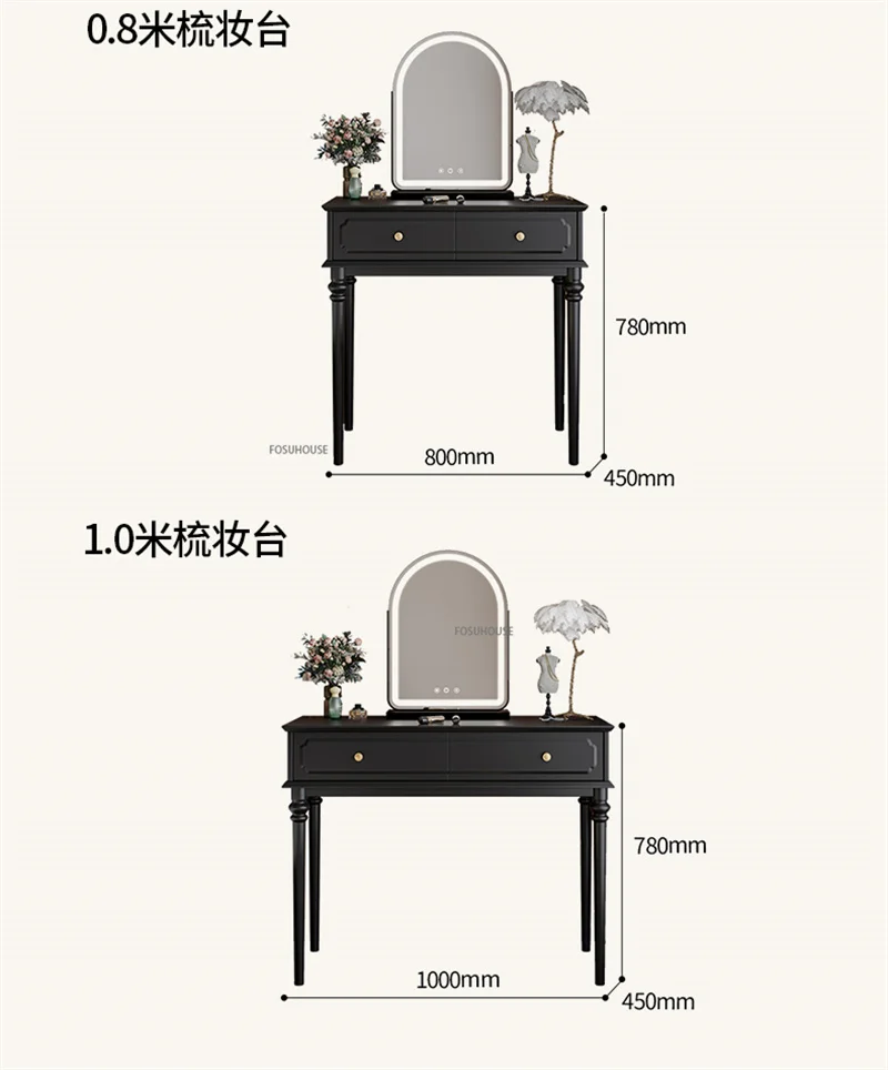 Description Picture 3 of itemAmerican Retro Solid Wood Dressing Table Small Apartment Bedroom Furniture Black Makeup Table Modern Vanity Table with Mirror Z