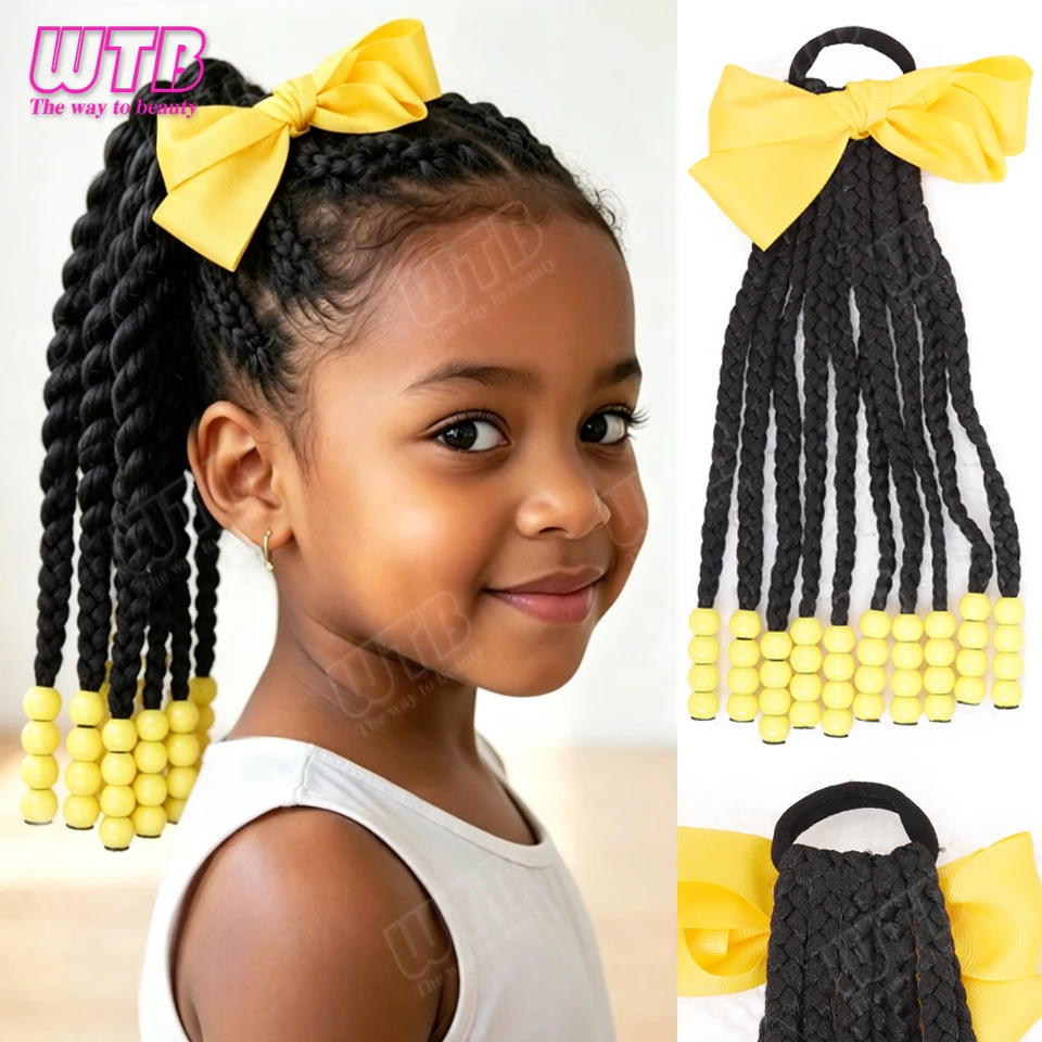 WTB Bow-adorned Braided Synthetic Wig Elastic Band Style Children's Ponytail Wig Short Ponytail Wig Suitable for Everyday Wear 1