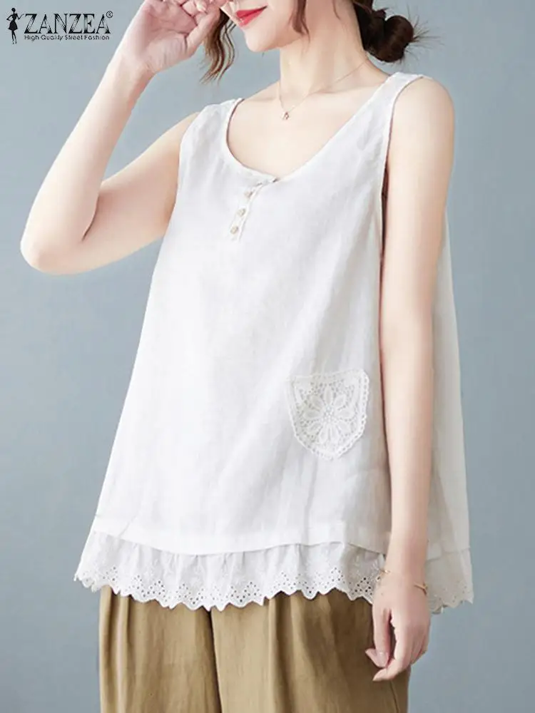 

ZANZEA 2024 Summer Fashion Shirt Tunic Sleeveless Female Lace Crochet Solid Color Tank Tops Vintage Holiday Women Blusas Blouse