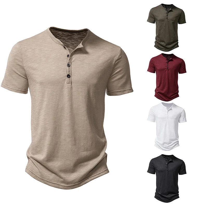 2023 Nieuwe Europese En Amerikaanse Heren Solid Henley Hals Poloshirt Heren Modieus Casual Losse Korte Mouwen T-Shirt