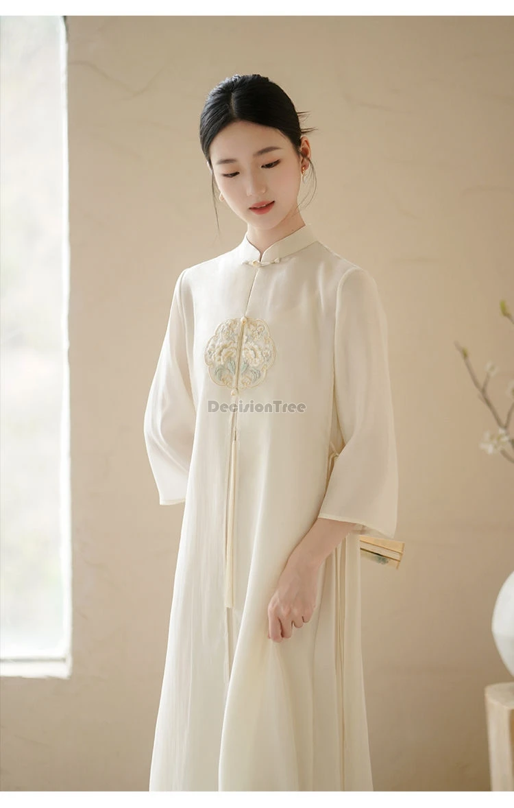 2024 new chinese style zen tea temperament dress gentle graceful daily improved cheongsam classical fairy embroidery loose dress