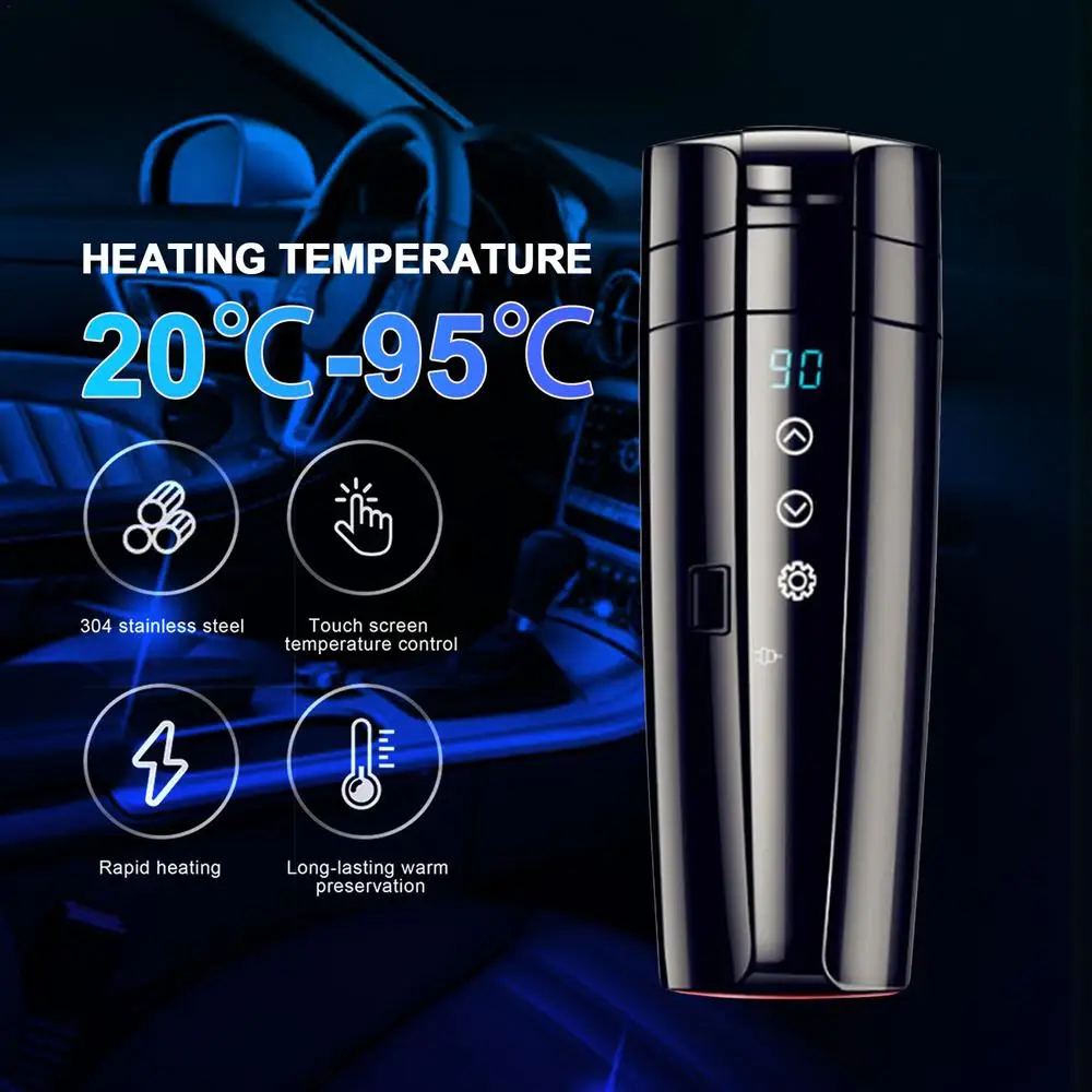 400ml 휴대용 자동차 난방 컵 12V 24V 범용 전기 열 워터 컵 LCD 디스플레이 주전자 커피 차 우유 304 스테인레스 스틸