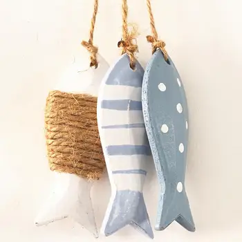 Tema nautico 3 pesci Decorazione da parete Ornamenti appesi Sculture da appendere a parete in stile mediterraneo intagliate a mano per l'home officeGift