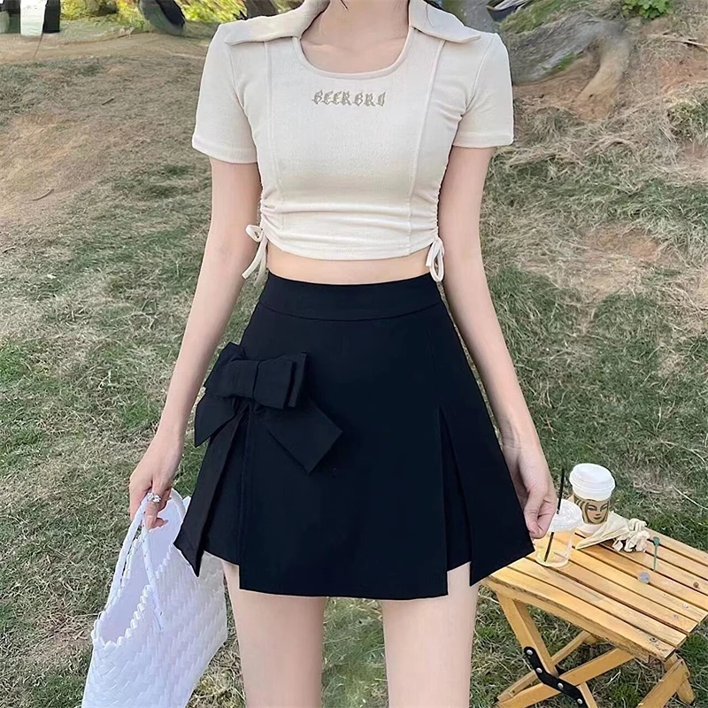 Shorts Women Teens Bow Black Kawaii Lsieure High Waist Design Mujer College Korean Style Trendy Irregular Летние Elegant Lovely
