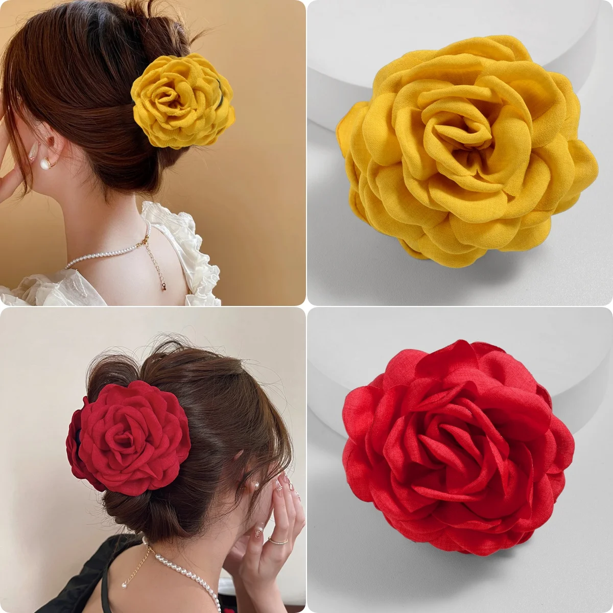 Vibrant Cotton Rose Flower Hair Claw Clips - Medium Size Shark Clamp