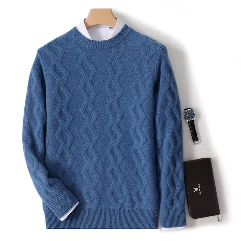

Men's 100% pure wool autumn and winter new soft warm knit solid color wavy pullover O-neck knitted sweater