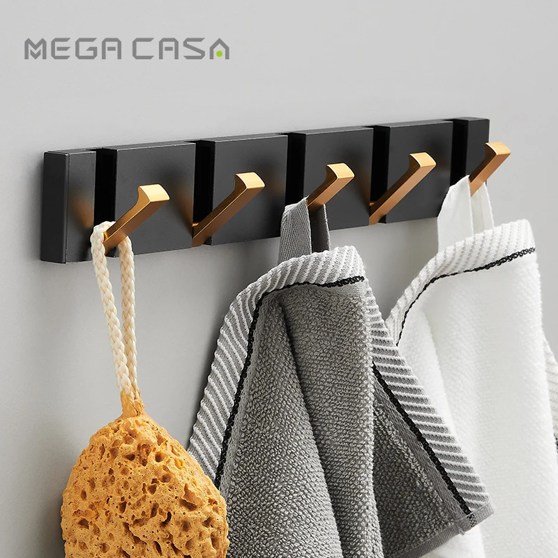 Black-Golden-Wall-Coat-Clothes-Rack-Folding-Towel-Hanger-for-Bathroom-Free-Installation-Wall ...